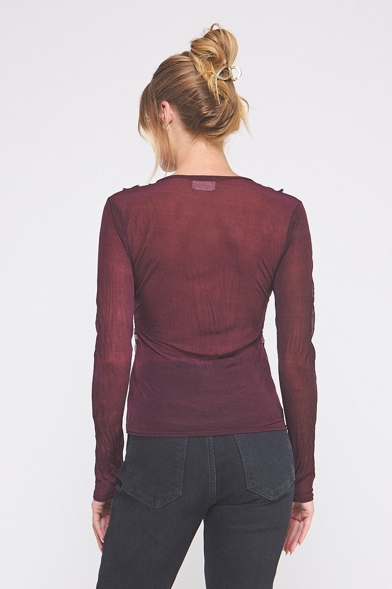 Crinkled Silky Sheer Long Sleeve Plum
