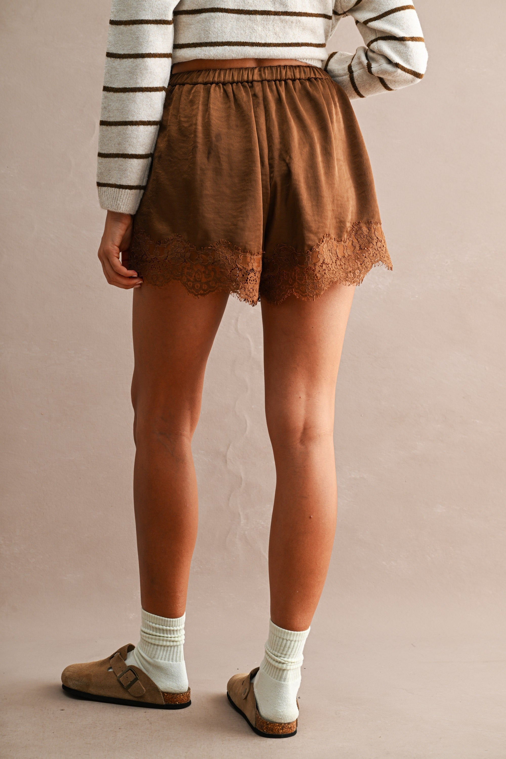 Floral Lace Trim Drawstring Satin Shorts Chocolate Brown