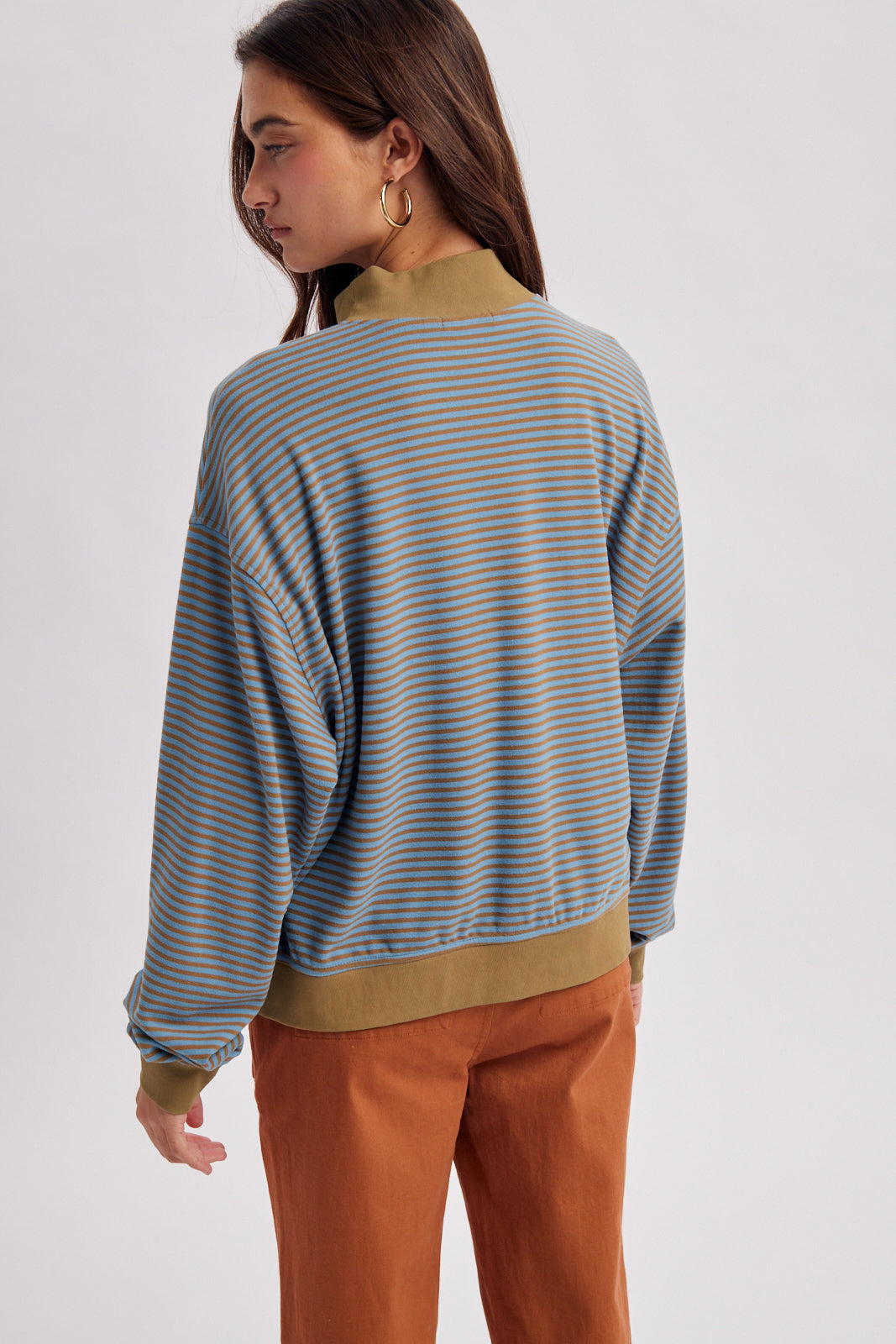 Striped Mock Neck Knit Top Camel + Blue