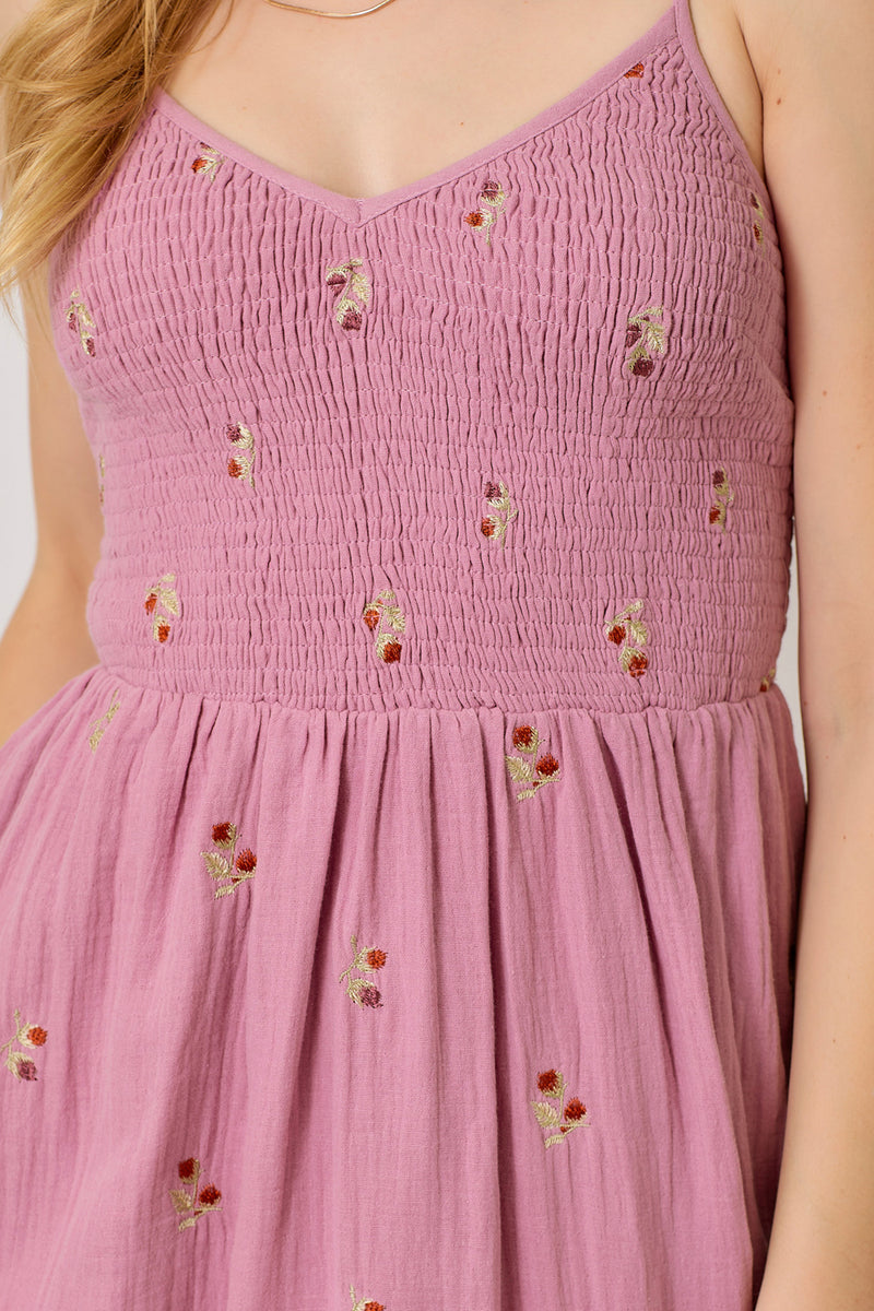 Embroidered Gauze Smocked Dress Rose
