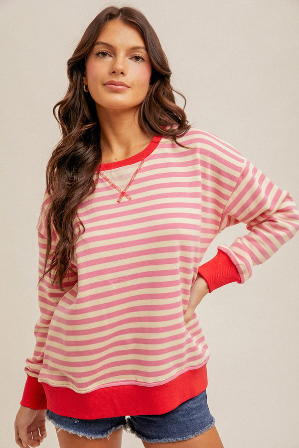 Contrast Rib Stripe Oversized Sweatshirt Cotton Candy Pink