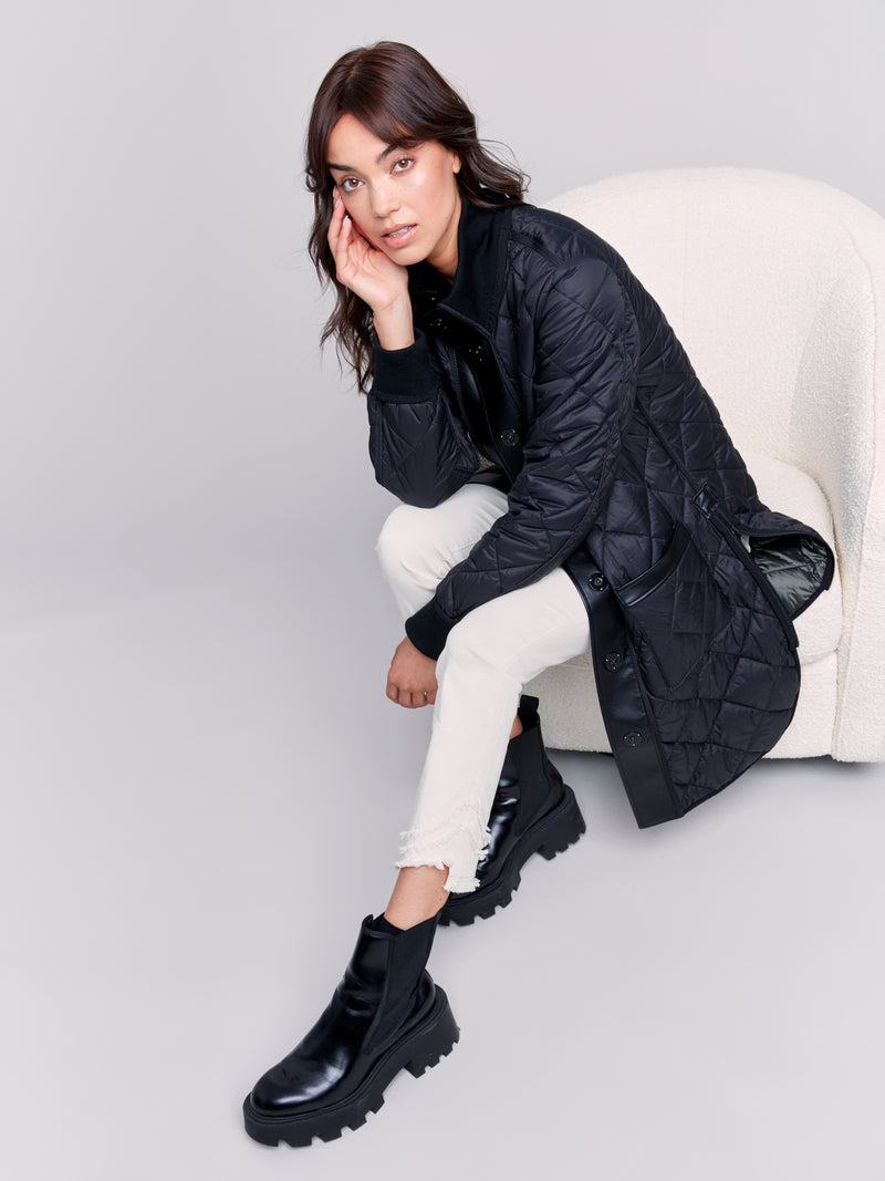 Leather Trim Reversible Quilted Puffer Jacket Black