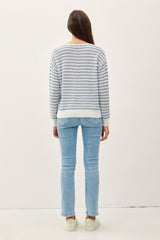 Striped Crochet Knit Vneck Long Sleeve Sweater Blue