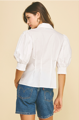 Ruched Sleeve Classic Button Up Top White