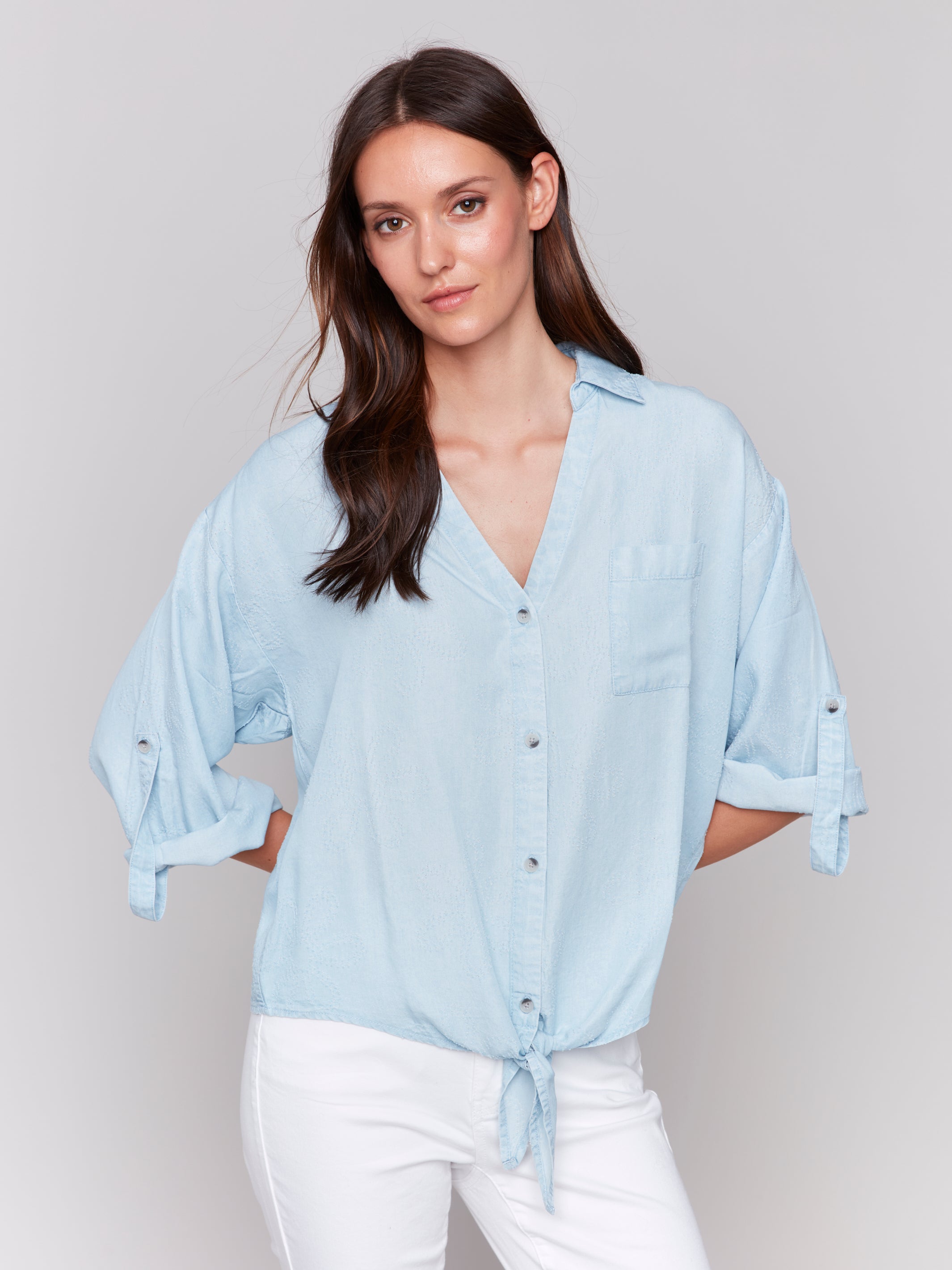 Collared Button Front Single Pocket Shirt Chambray