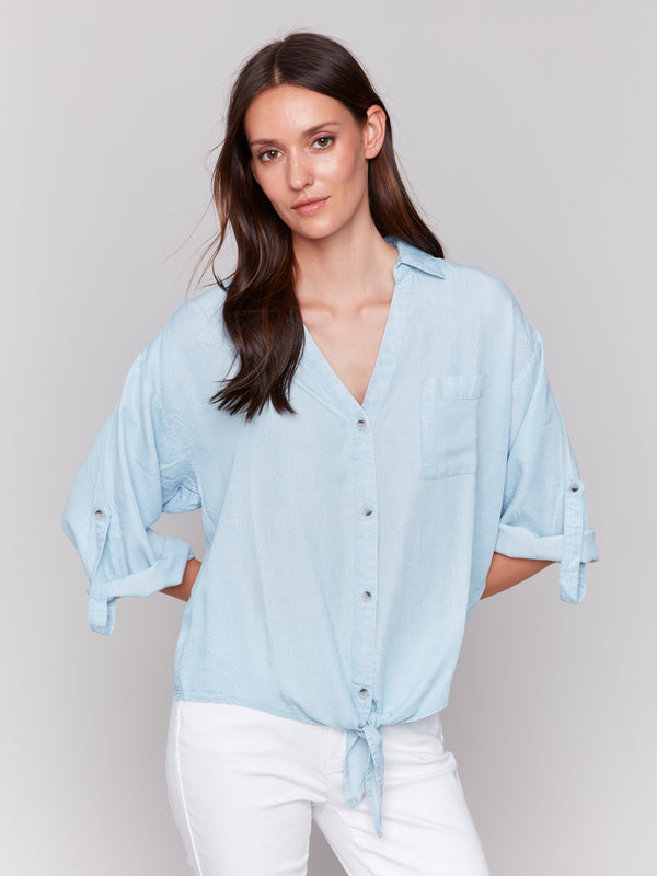 Collared Button Front Single Pocket Shirt Chambray