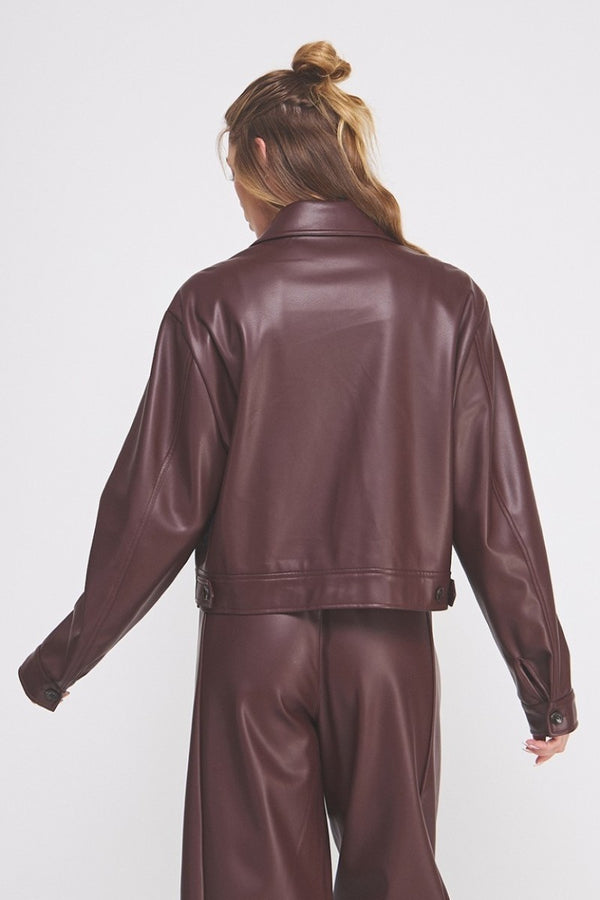 Soft Leather Zip Collared Jacket Wine