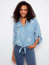 Collared Button Front Single Pocket Shirt Light Blue