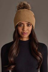 Solid Ribbed Knit Pom Hat Tan
