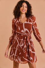 Abstract Print Textured Tie Waist Dress Rust + Taupe