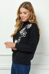 Stitched Flowers Mock Neck Sweater Black