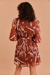Abstract Print Textured Tie Waist Dress Rust + Taupe