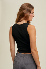 Cropped Ribbed Padded Bra Tank Black