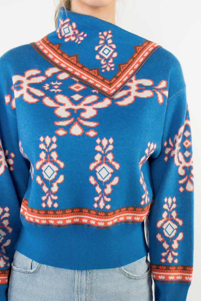 Bandana Collar Jacquard Sweater Blue
