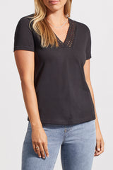 Crochet Detail Vneck Shirt Black