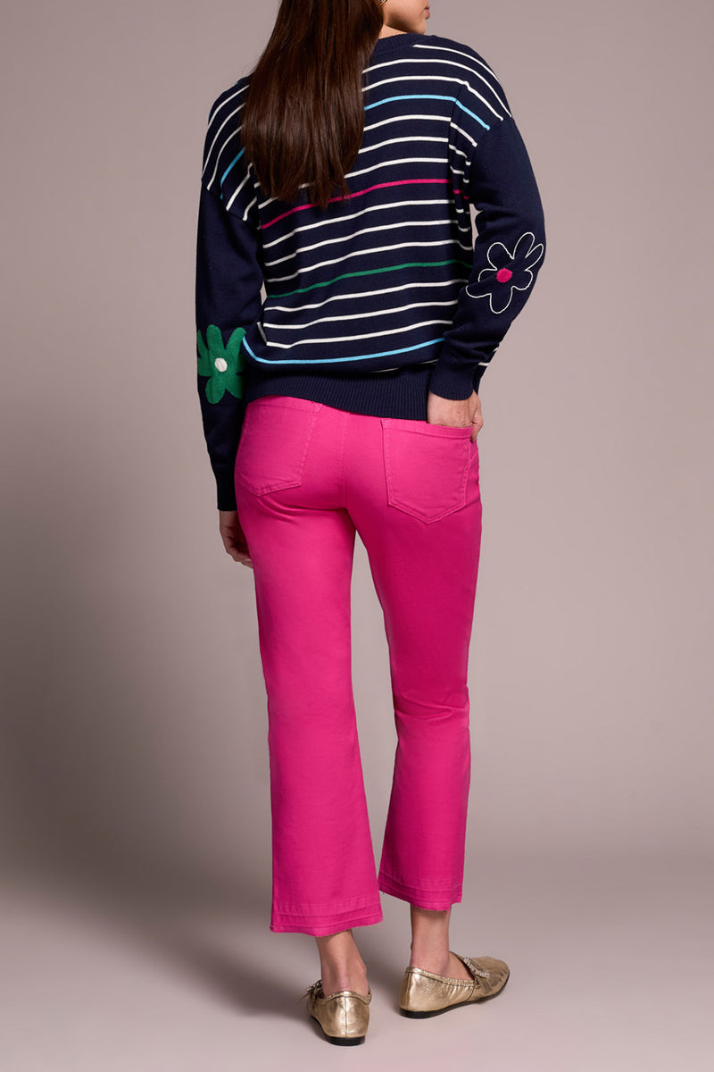 Floral Jacquard Embroidered Vneck Sweater Nightfall