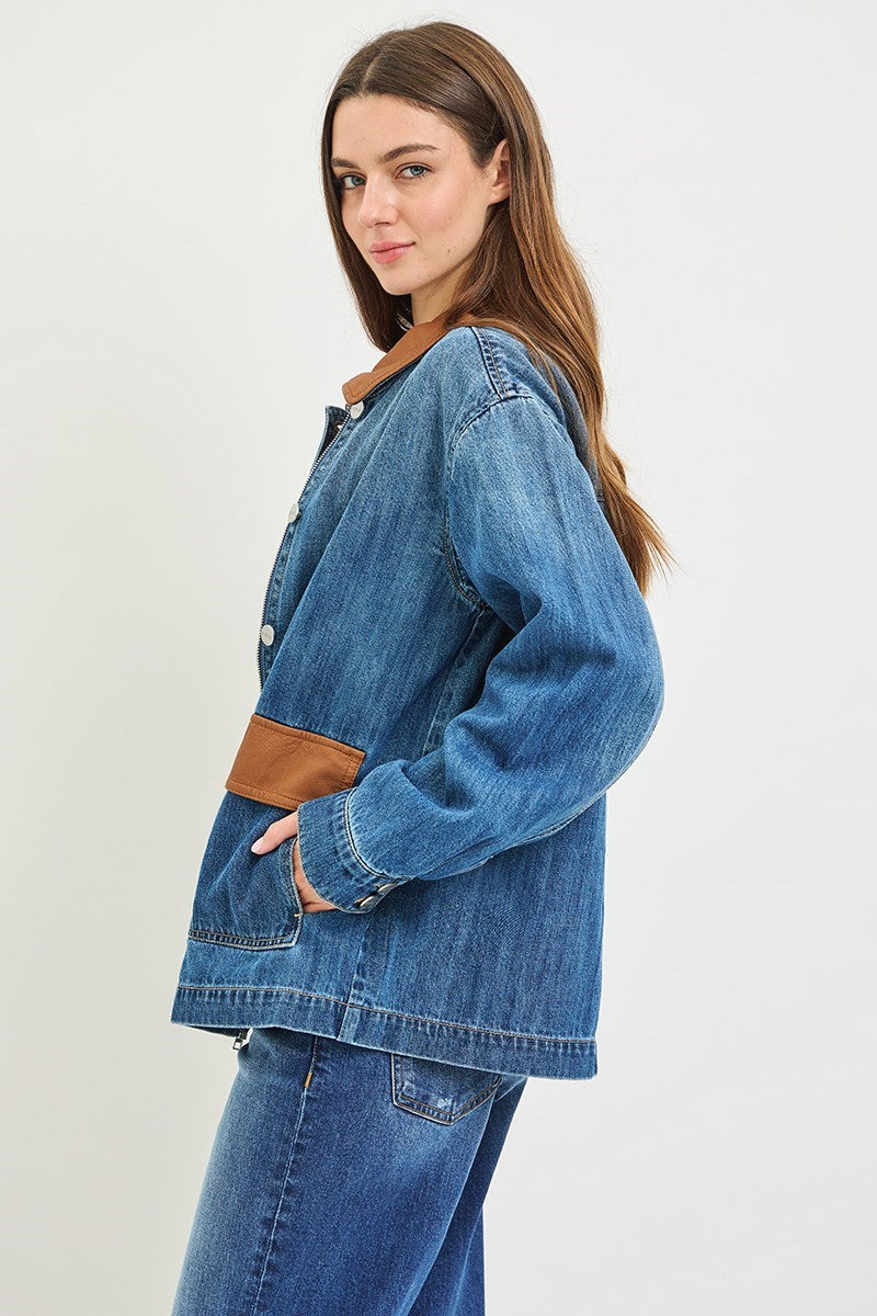 Leather Collar Contrast Oversize Denim Jacket - Medium