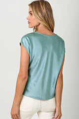 Satin Boat Neck Short Sleeve Blouse Seafoam
