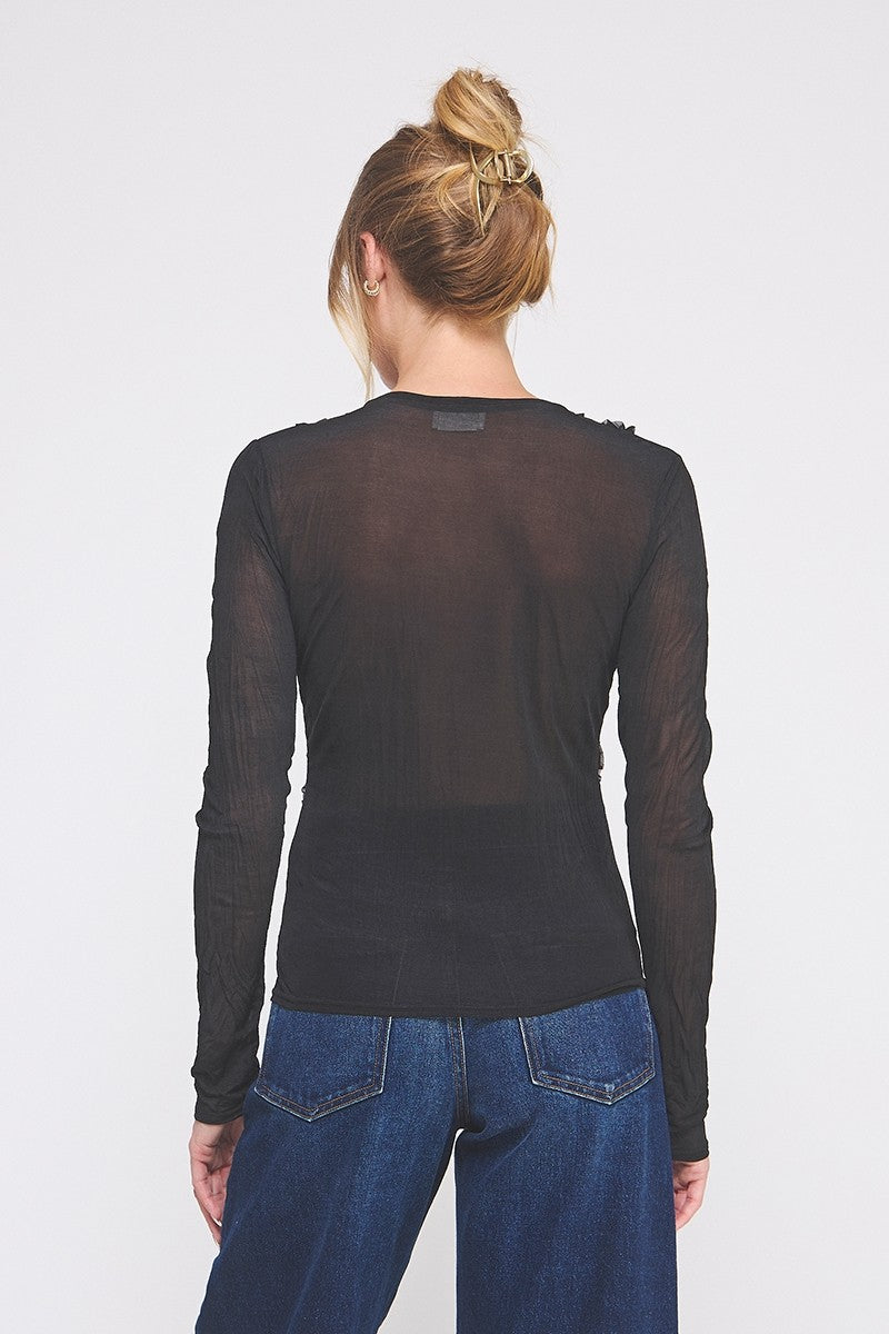 Crinkled Silky Sheer Long Sleeve Black