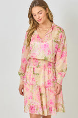 Floral Tie Neck Smocked Bottom Peasant Chiffon Blouse Ivory + Rose