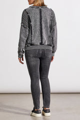 Mix Media Crochet Washed Raglan Pullover Black