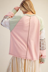 Floral Embroidered Crochet Terry Pullover Faded Coral