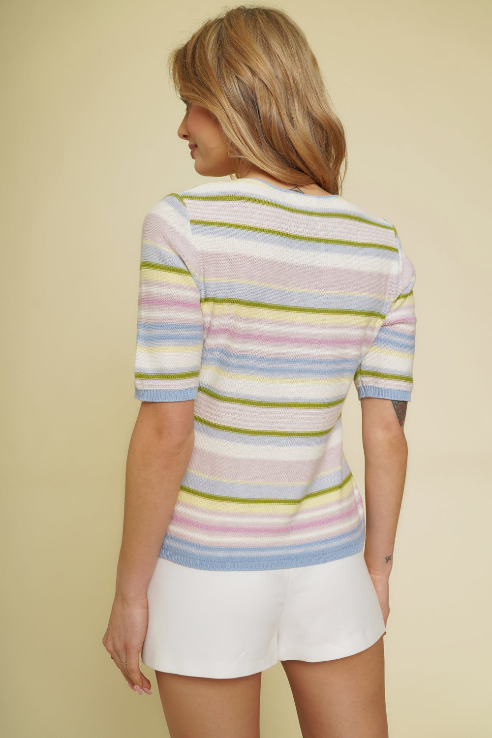 Multi Color Stripe Split Neck Top Sky Blue + Lavender