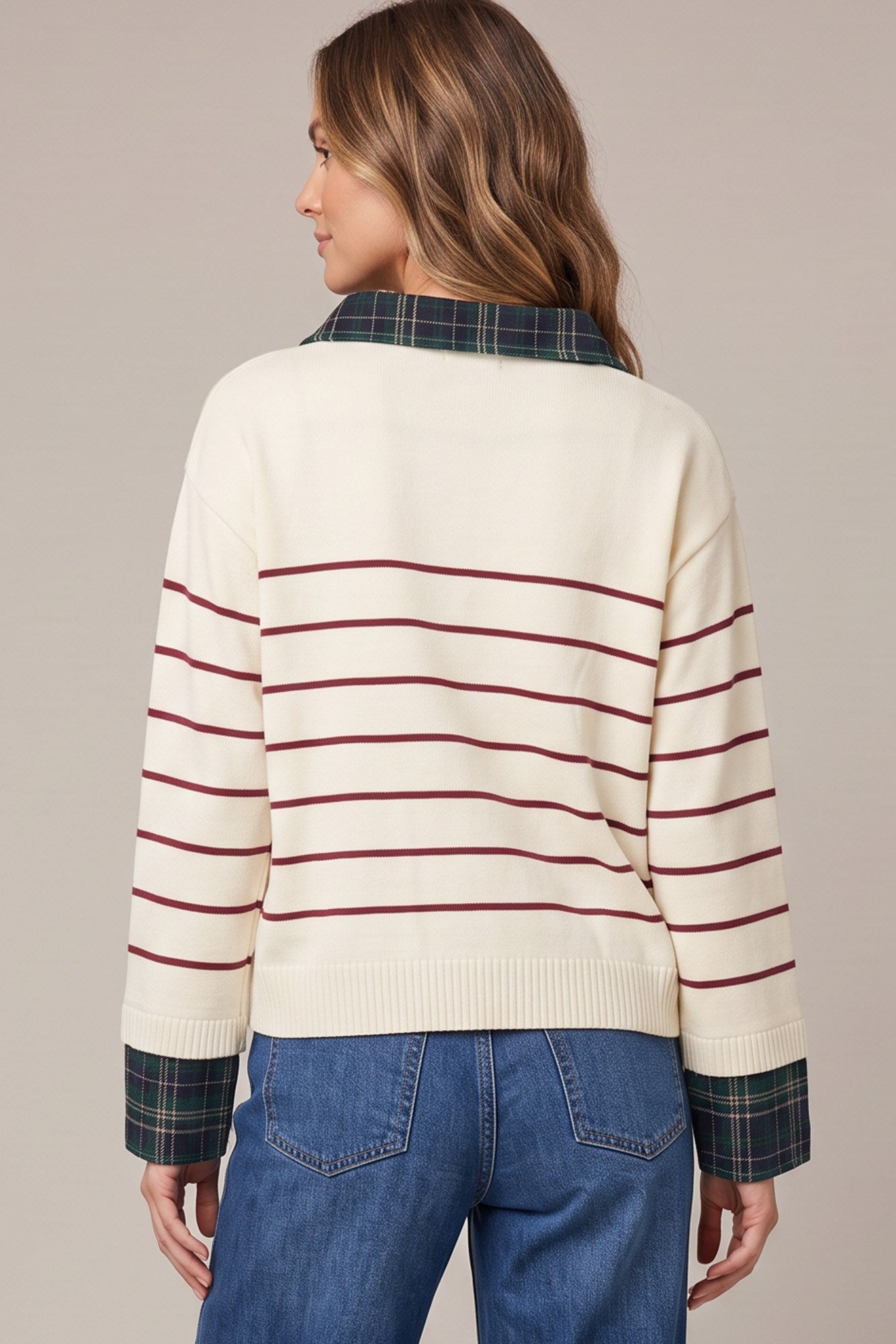 Plaid Collared Stripe Sweater Top Red Stripe