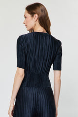Crinkle Pleated 3/4 Satin Short Sleeve Top Navy