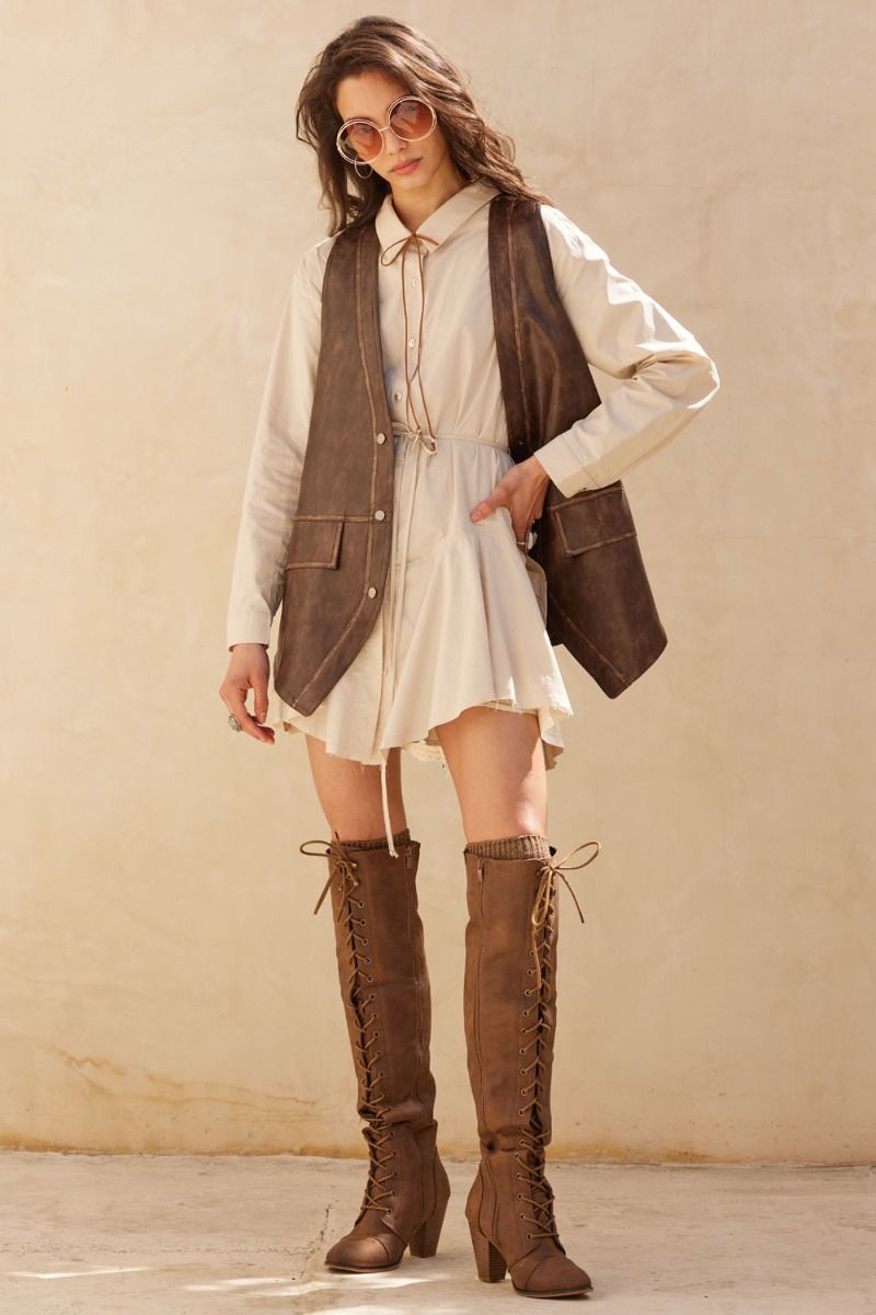 Faux Leather Snap Button Vest Espresso