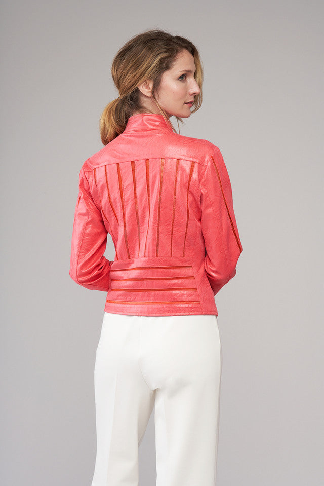 Stripe Lace Detail Leather Jacket Coral