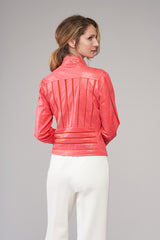 Stripe Lace Detail Leather Jacket Coral