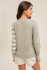 Asymmetric Button Detail Stripe Crew Neck Sweater Grey