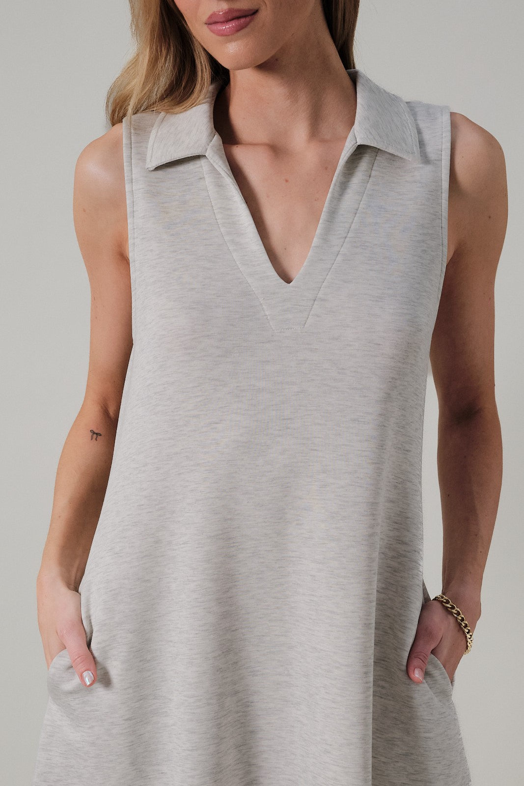 Collared V Neck Sleeveless Mini Dress Heather Grey