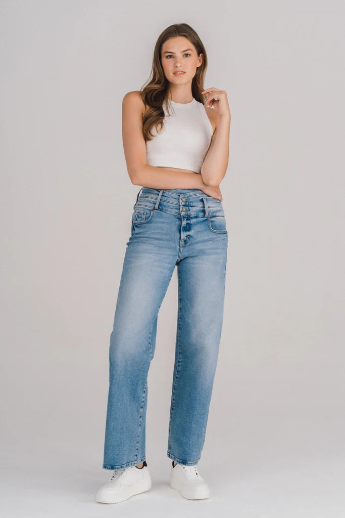 Double Crossover Waist Dad Jeans Medium Light