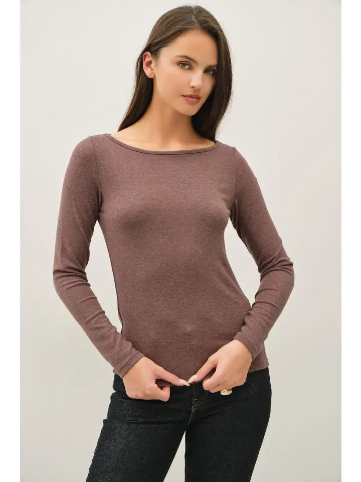 Ultra Soft Basic Boatneck Long Sleeve Tee Walnut
