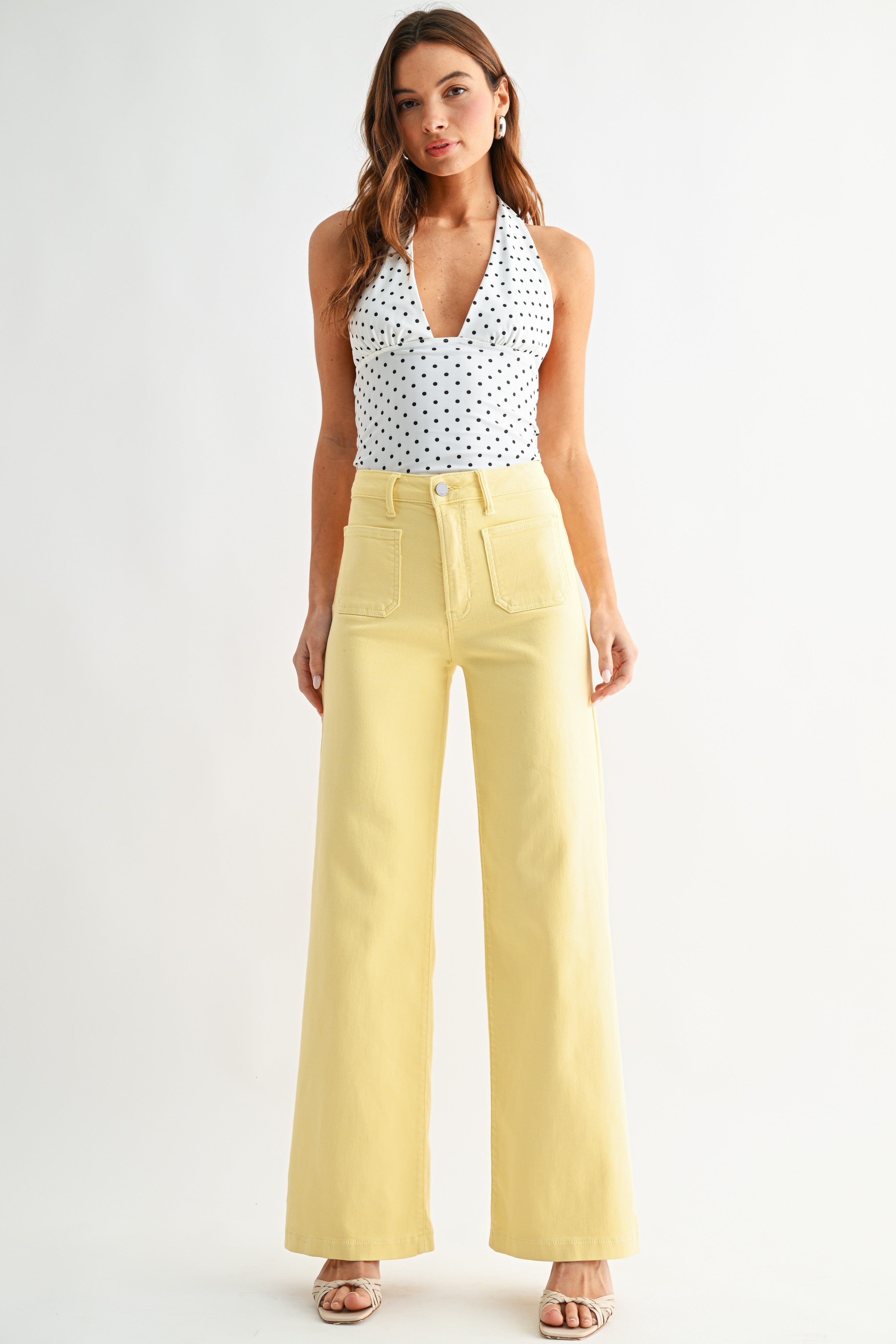 Mini Patch Pocket Wide Hem Flare Jeans Sunshine