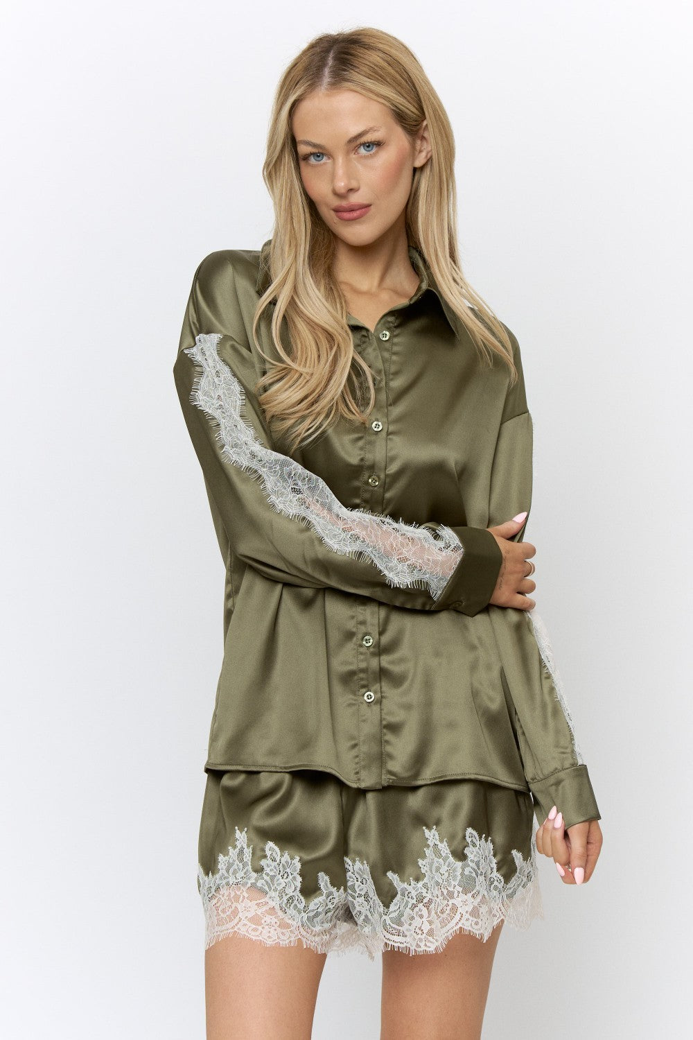 Scallop Edge Lace Trim Button Down Shirt & Shorts Olive