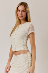 Round Neck Button Down Fitted Lace Top Cream