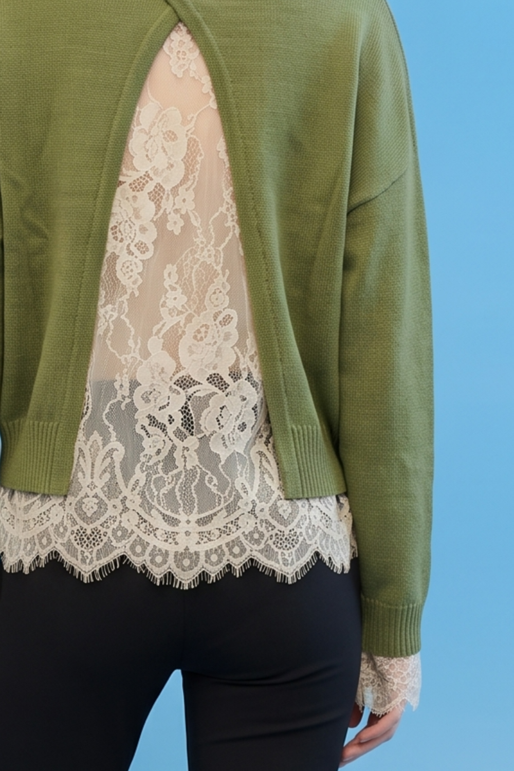 Lace Hem Detail Cropped Sweater Olive