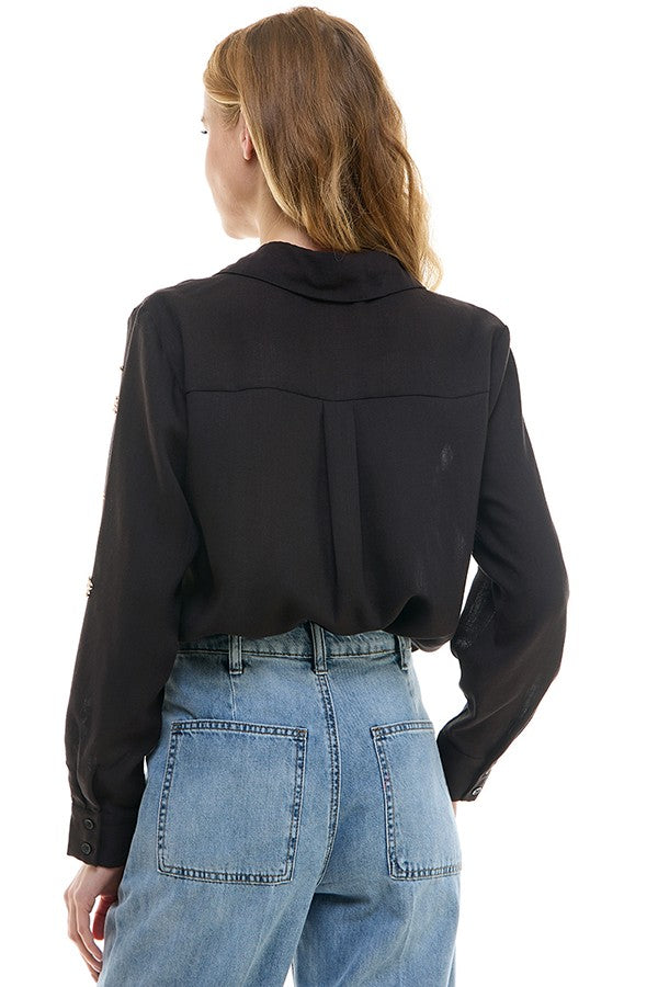 Studded Floral Button Down Shirt Black
