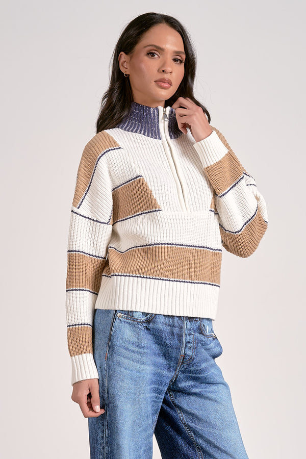 Half Zip Stripe Contrast Collar Sweater Camel