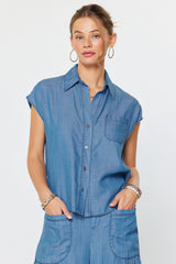 Chambray Cap Sleeve Button Down Top Chambray