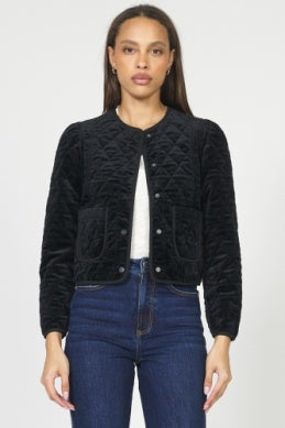 Snap Button Collarless Quilted Jacket Black Velvet