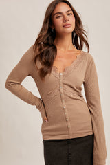 Lace Trim Detailed Long Sleeve Rib Top Mocha