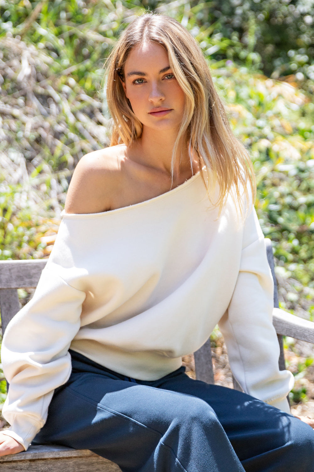 Raw Edge Off Shoulder Sweatshirt Bone
