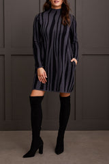 Funnel Neck Jacquard Sweater Dress Charcoal