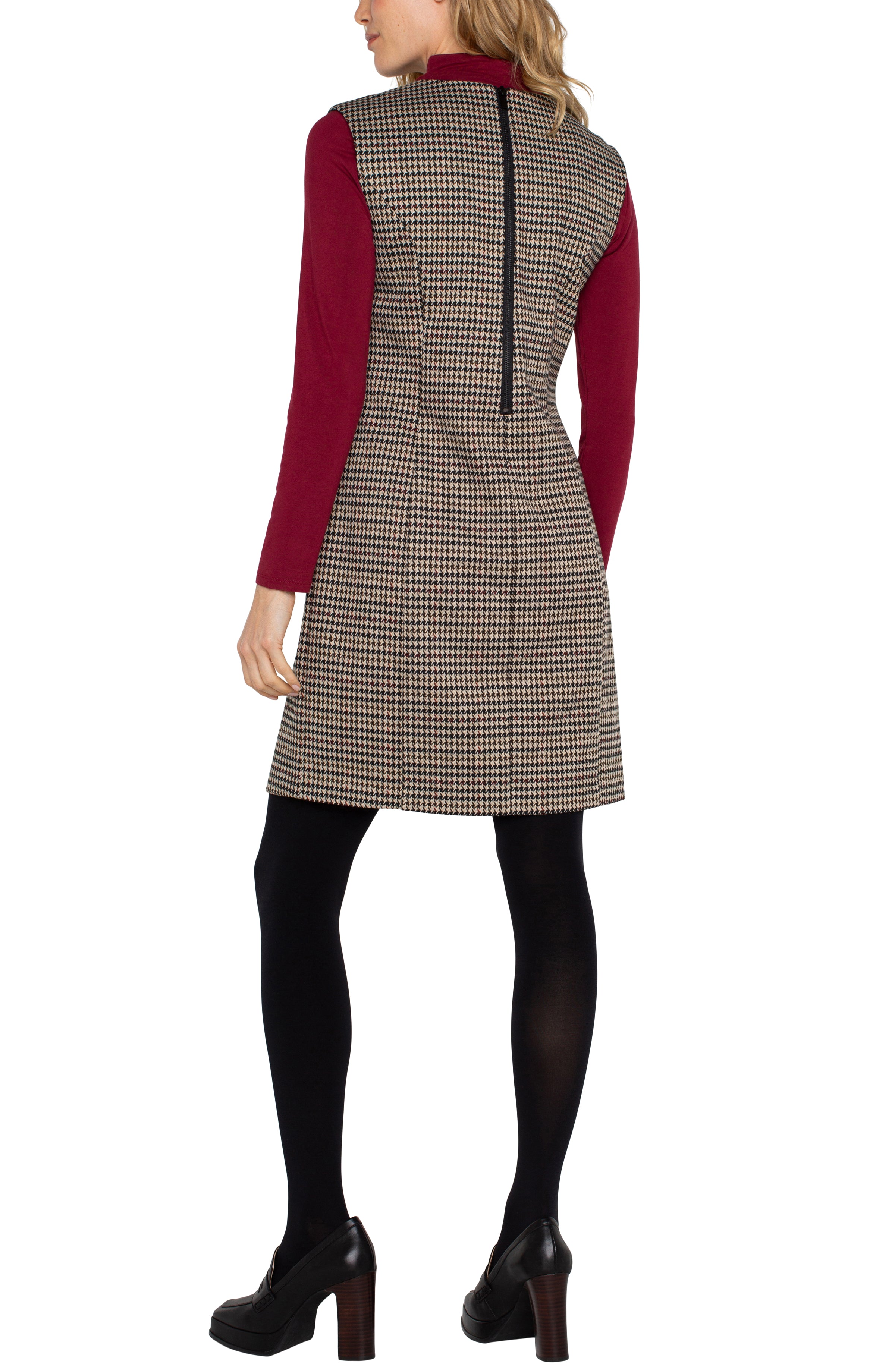 Sleeveless Front Pockets Shift Dress Black + Tan Houndstooth