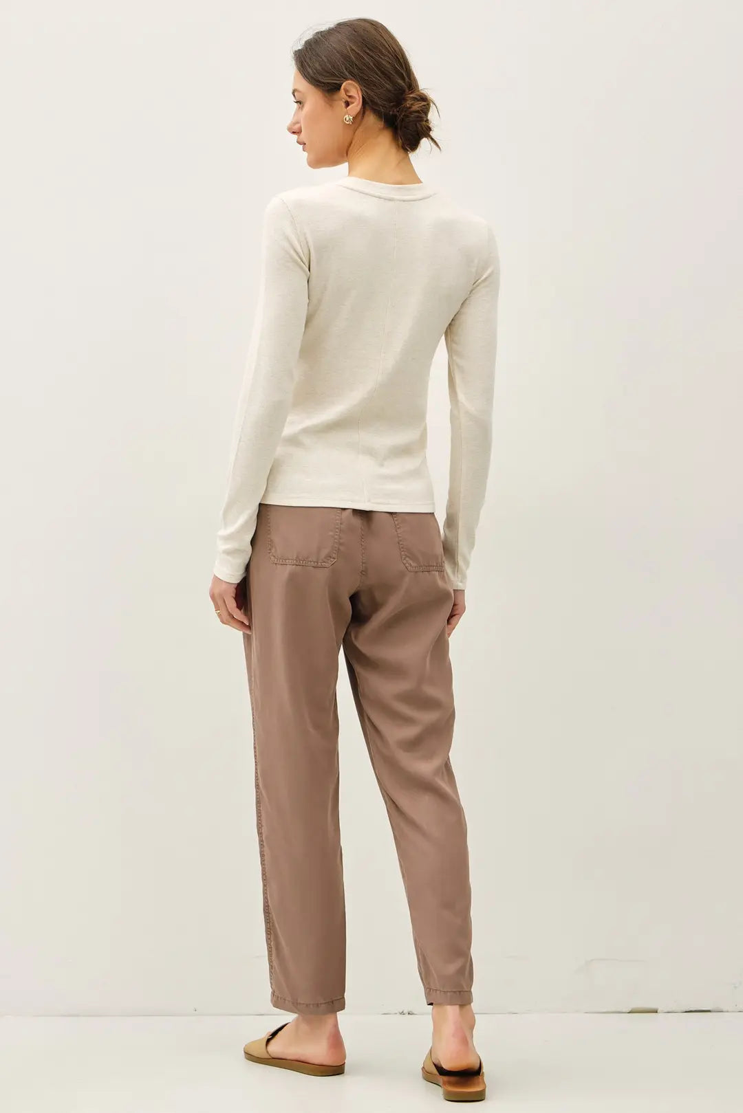 Ribbed Crew Neck Long Sleeve Basic Top Oatmeal