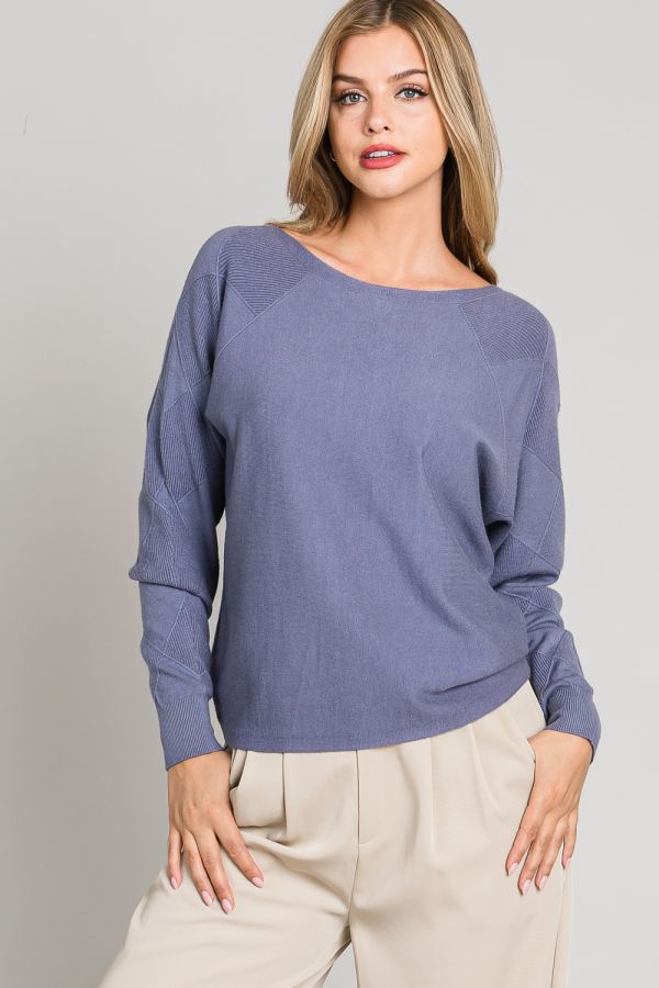 Mix Textured Sleeves Dolman Pullover Sweater Blue Iris